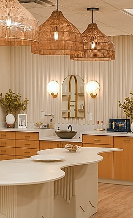 Modern kitchen with stylish pendant lighting.