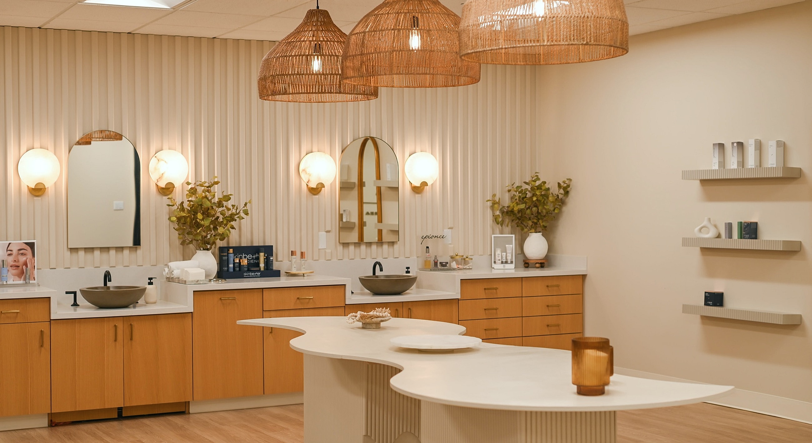 Modern spa interior with stylish decor and lighting.